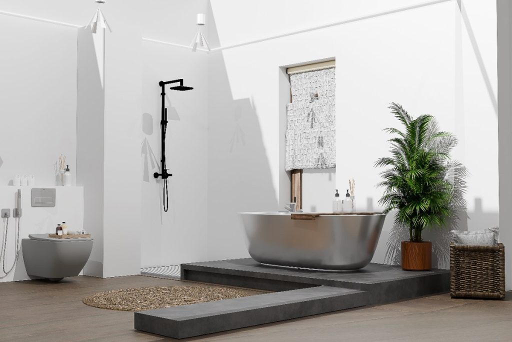 Une salle de bain avec une estrade en siporex