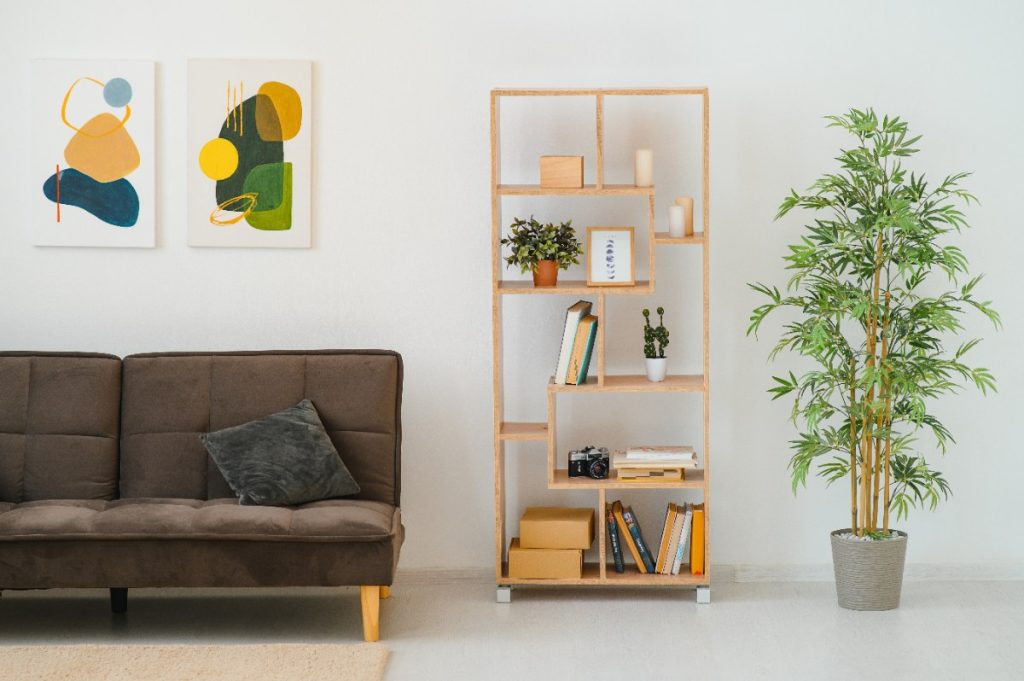 Un canapé brun installé près d'un bibliothèque et d'une plante verte